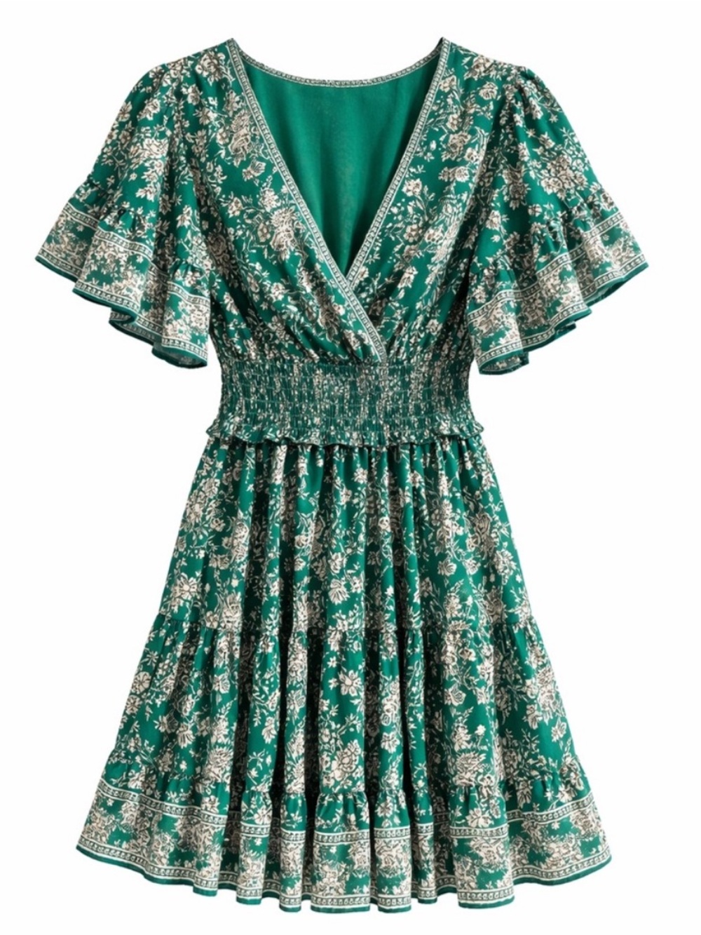 Max Studio Emerald Green Floral V-Neck Smocked Waist Dress - NWT